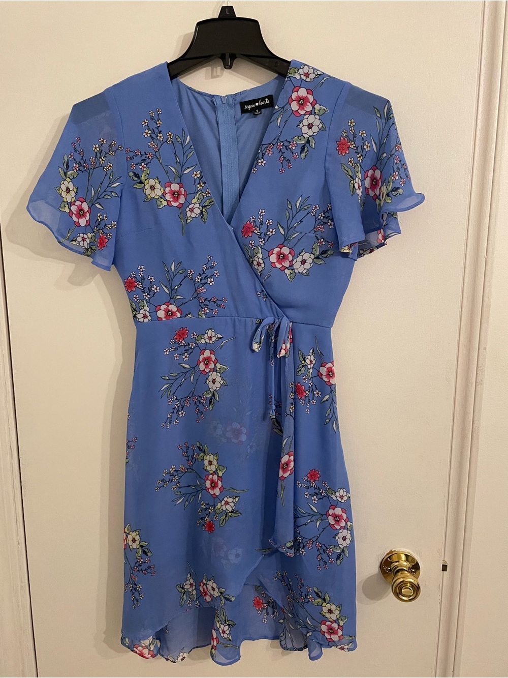 Sequin Hearts Blue Floral Wrap Mini Dress